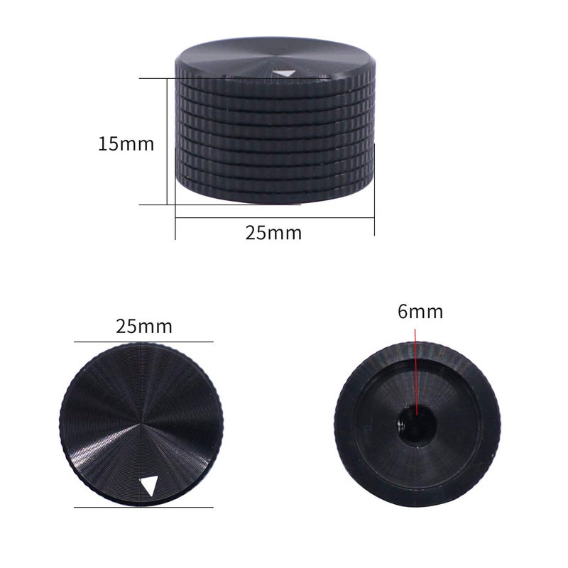 Taiss/ 2pcs Black Aluminum Rotary Electronic Control Potentiometer Knob For 6 mm Diameter Shaft, Volume Control Knob, Audio knob, Guitar Knobï¼ŒElectric Guitar Knobs, 25mm dia. x 15mm height - Image 2